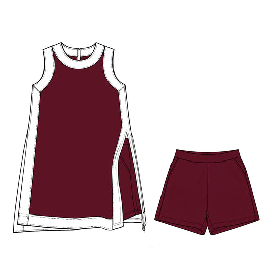 Wine red sleeveless yoga pullover top matching shorts girls outfit preorder
