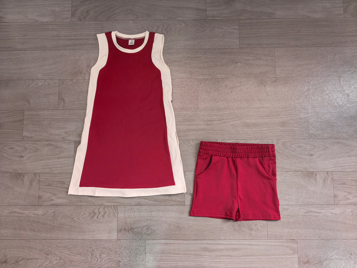 Wine red sleeveless yoga pullover top matching shorts girls outfit preorder