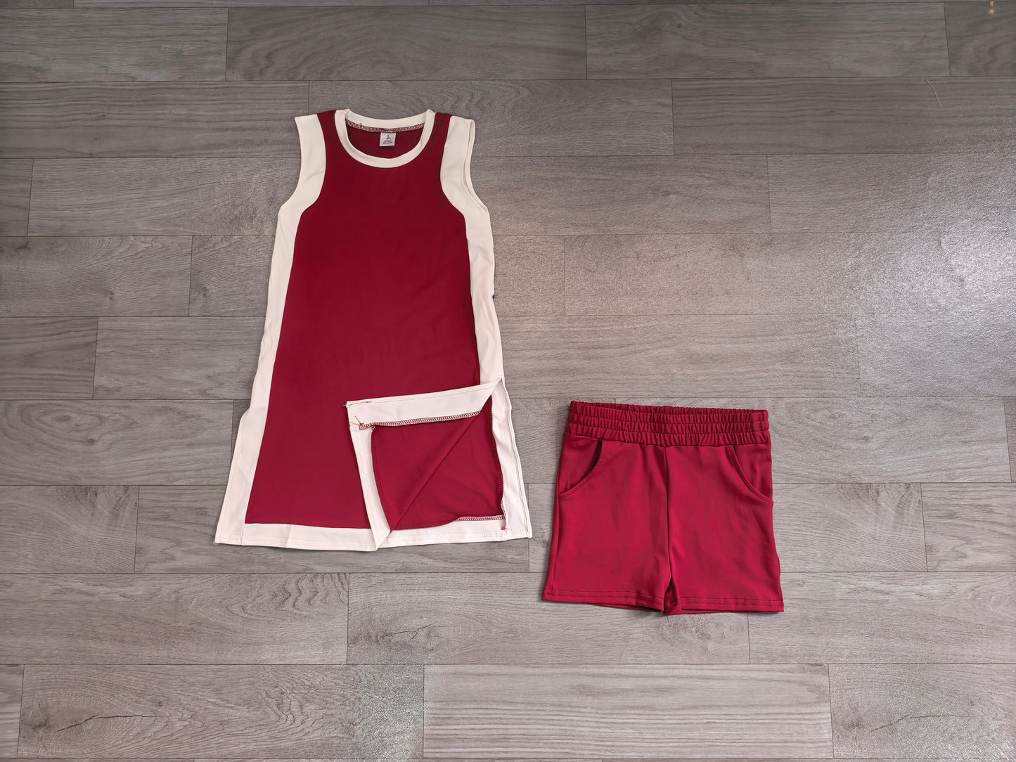Wine red sleeveless yoga pullover top matching shorts girls outfit preorder