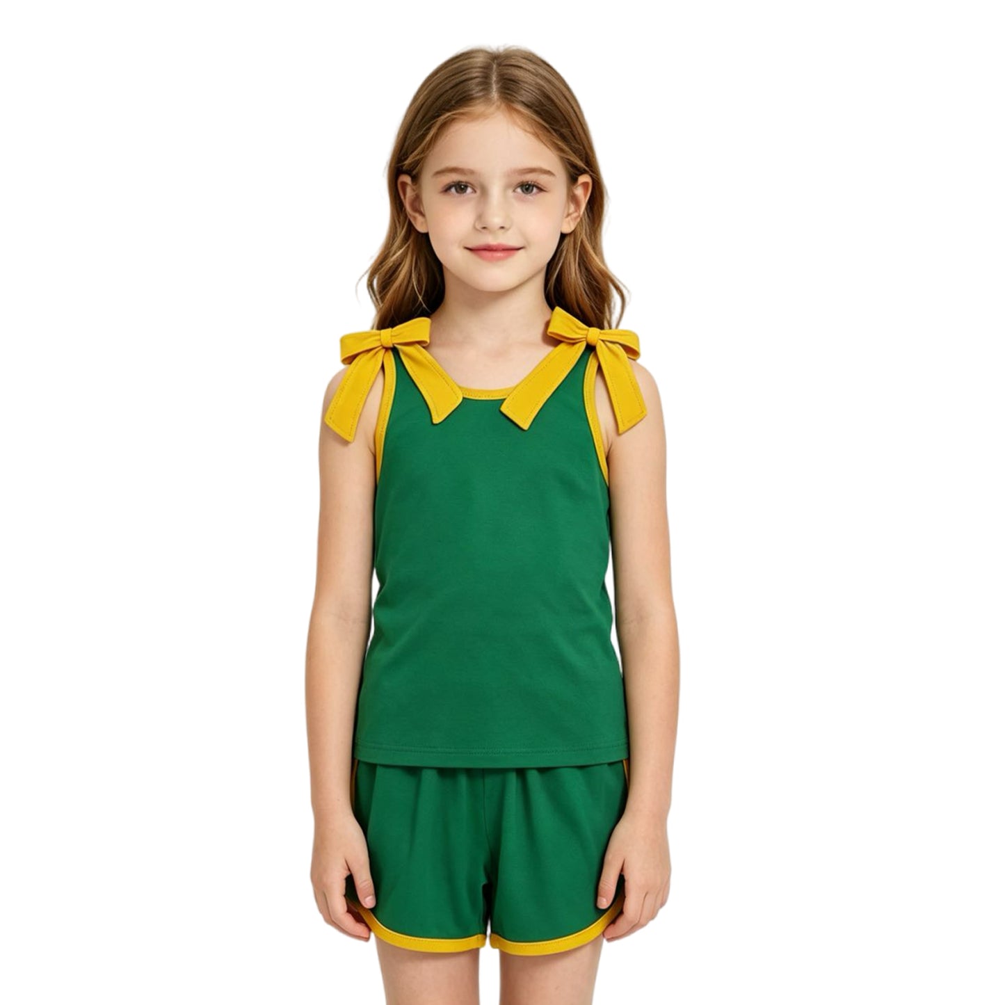 Green cooton  top matching shorts girls summer outfit