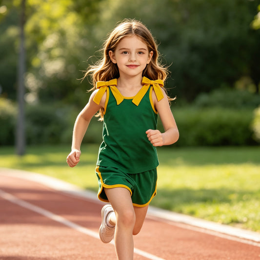 Green cooton  top matching shorts girls summer outfit