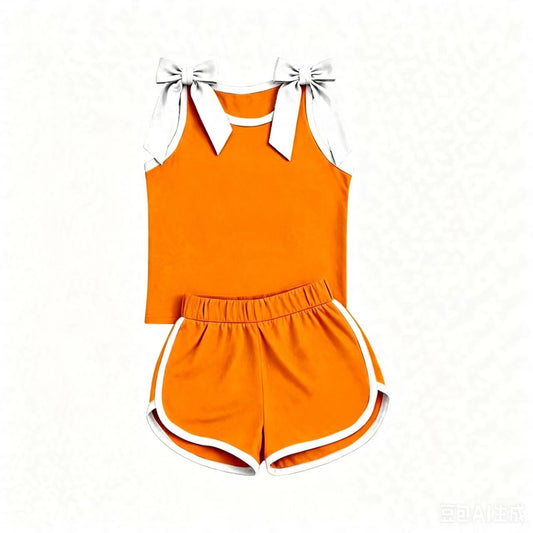 Orange cotton  top matching shorts girls summer outfit preorder