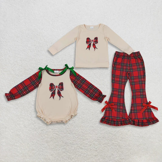 Long sleeve Christmas bow embroidery top matching pants Christmas wholesale factory price outfit