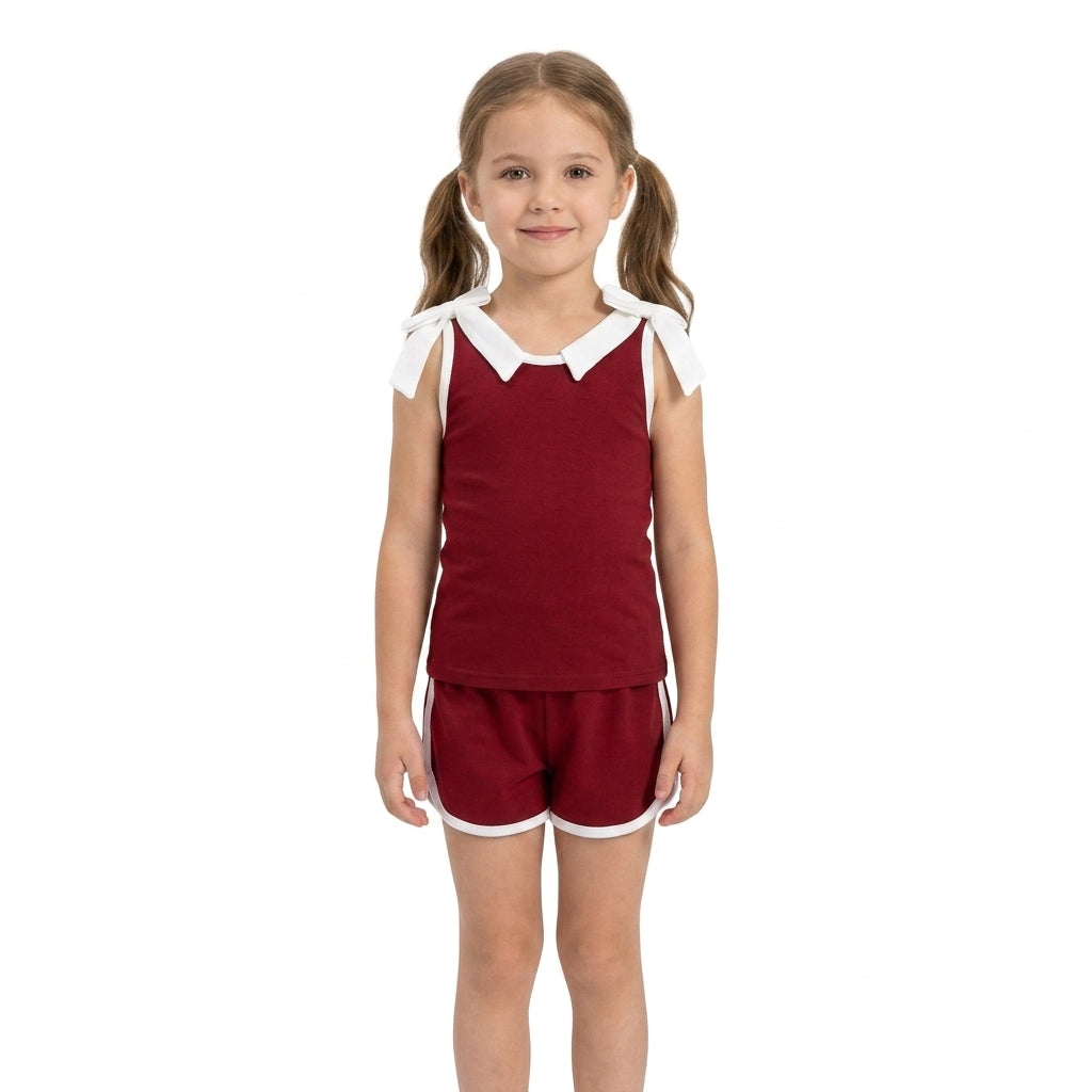 Maroon color cotton top matching shorts girls summer outfit