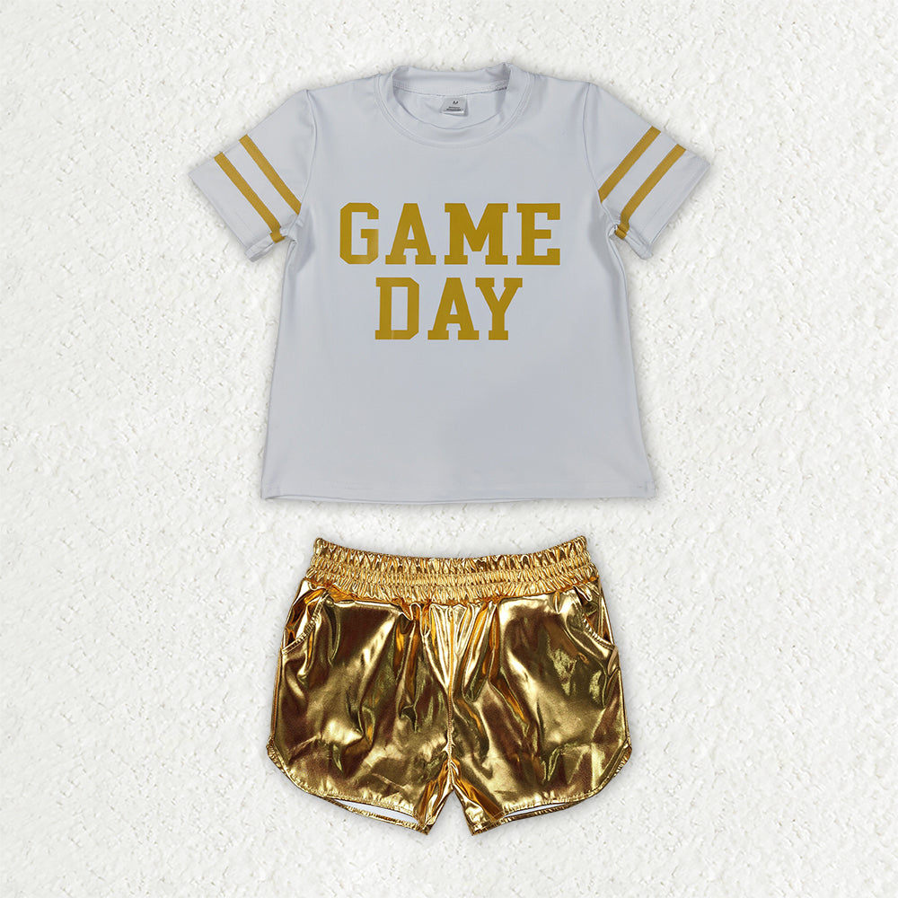Short sleeve game day design top golden leather shorts girls summer outfit