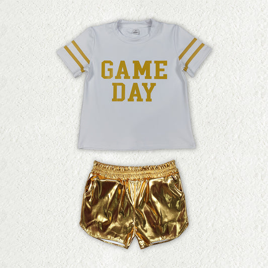 Short sleeve game day design top golden leather shorts girls summer outfit