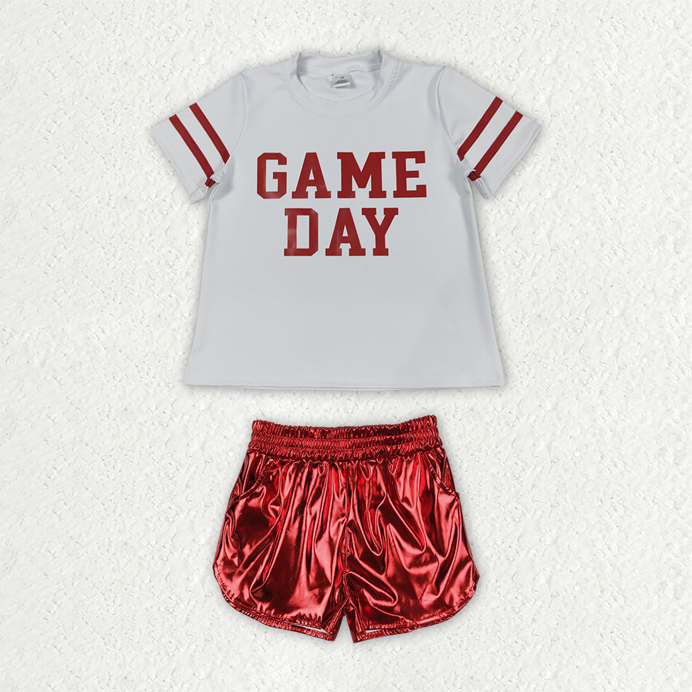 Short sleeve game day design top red leather shorts girls summer outfit