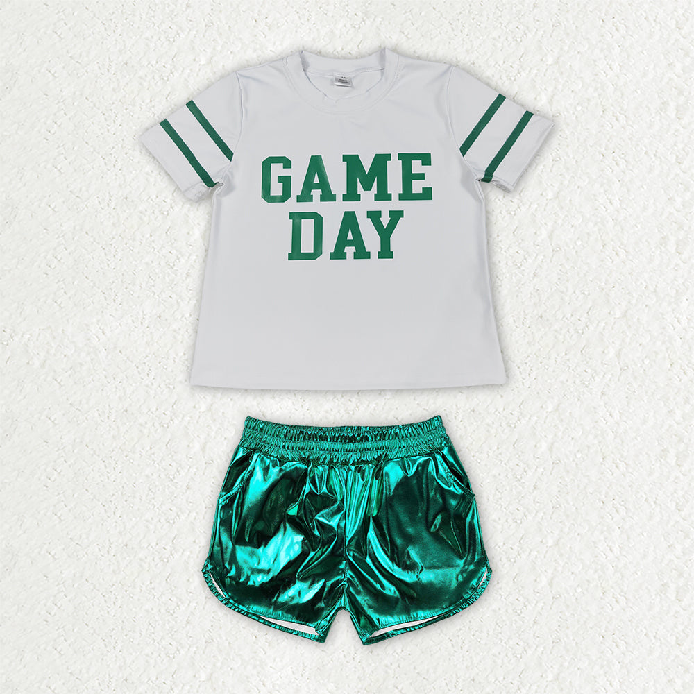 Short sleeve game day design top green leather shorts girls summer outfit