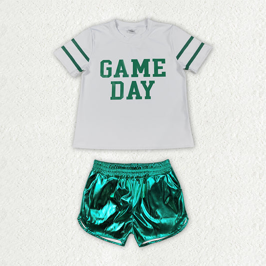 Short sleeve game day design top green leather shorts girls summer outfit