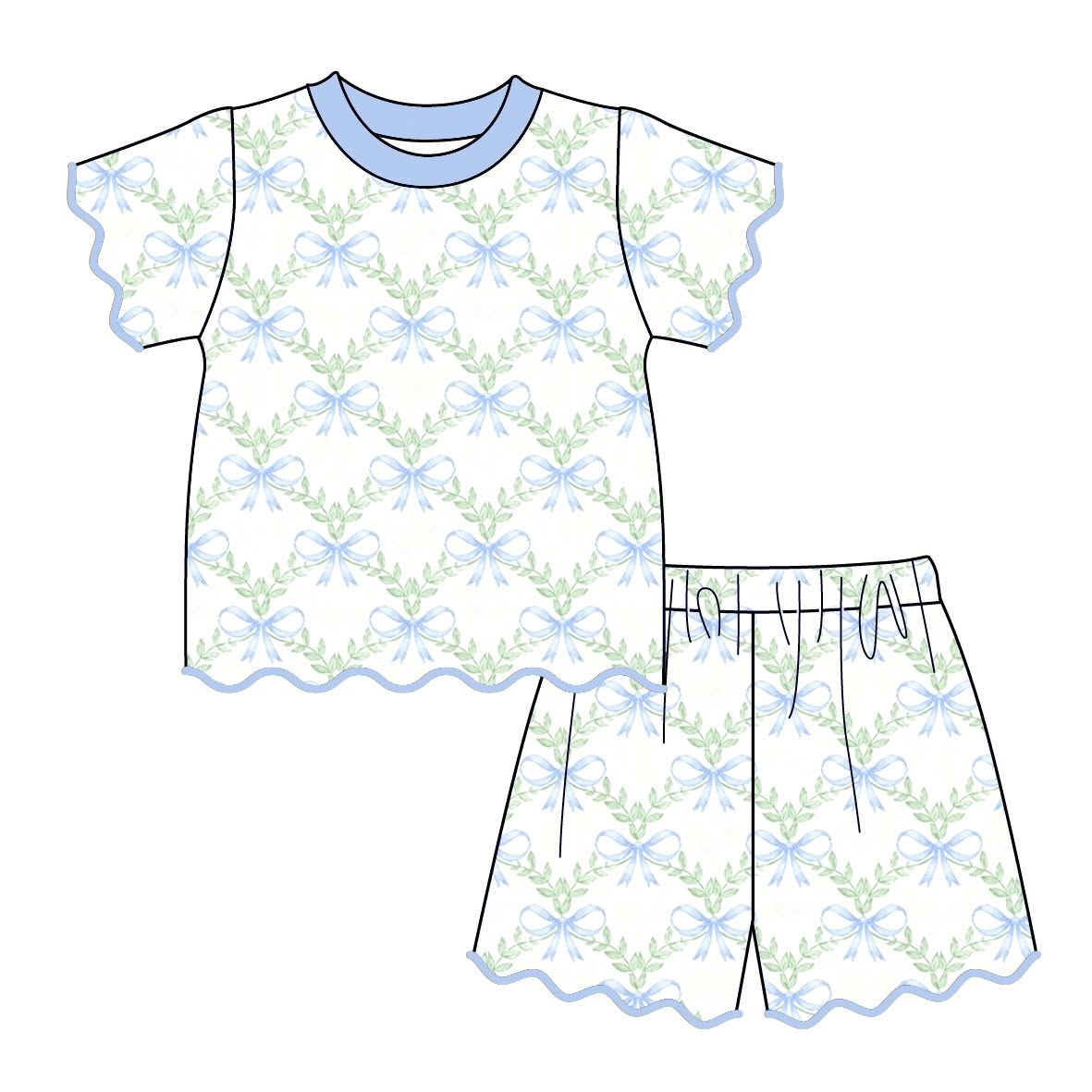 Blue bow top matching shorts girls summer outfit preorder