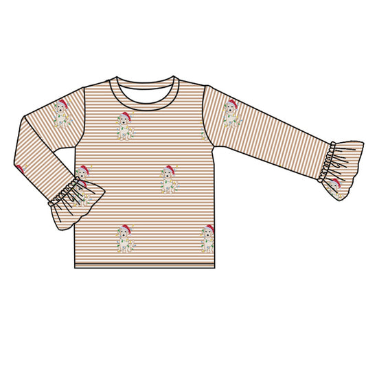 Girls Christmas light dog print khaki stropes long sleeve top preorder