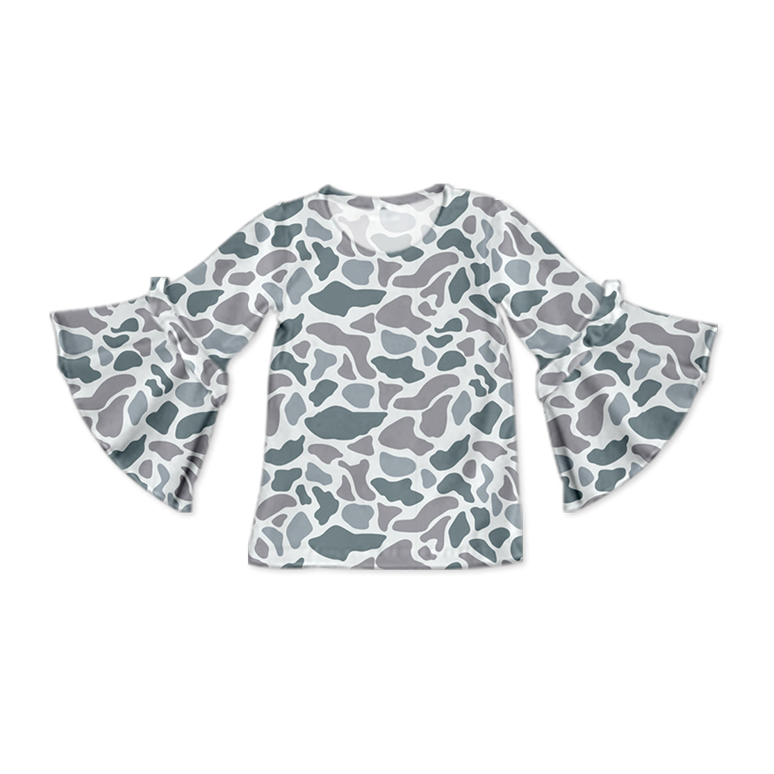 Grey Camo Baby Girls Long Sleeve Flare Sleeve Top Preorder