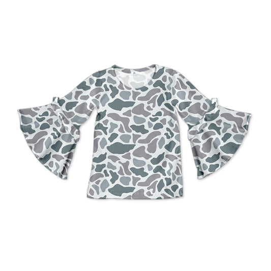 Grey Camo Baby Girls Long Sleeve Flare Sleeve Top Preorder