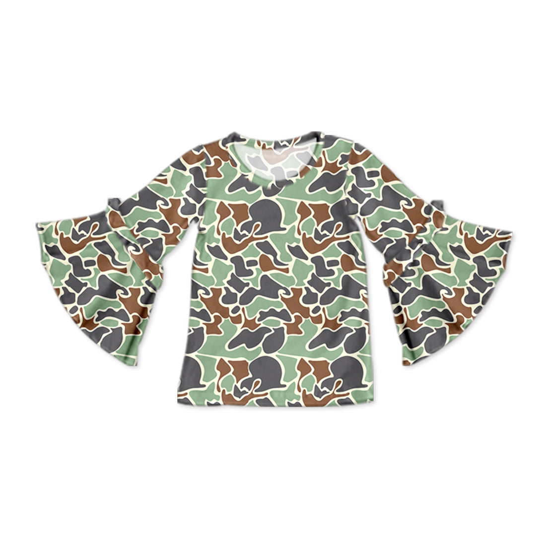 Green Camo Baby Girls Long Sleeve Flare Sleeve Top Preorder