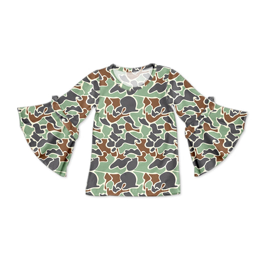Green Camo Baby Girls Long Sleeve Flare Sleeve Top Preorder