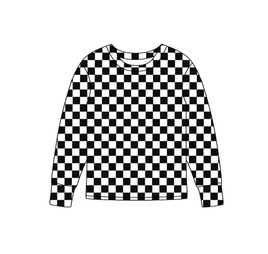 Adult  womem black checkered long sleeve  top preorder