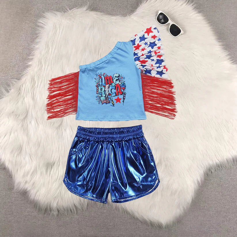 USA shirt blue leather shorts girls outfit GT0942+SS0409