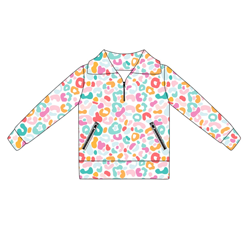 Baby Girls Colorful Leopard Zip Pocket Yoga Top Pullover Preorder