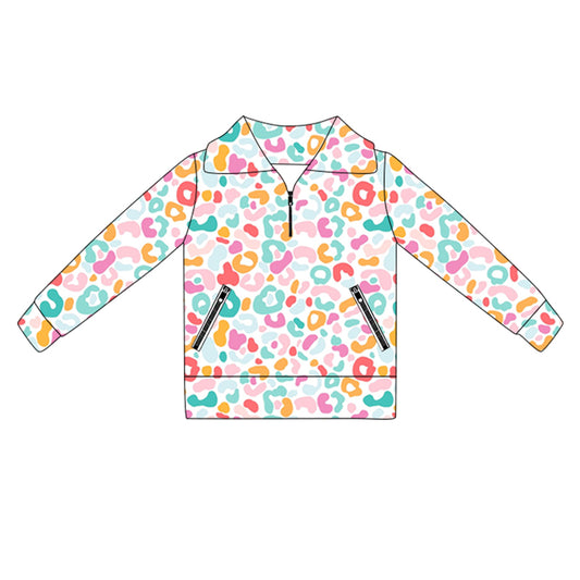 Baby Girls Colorful Leopard Zip Pocket Yoga Top Pullover Preorder