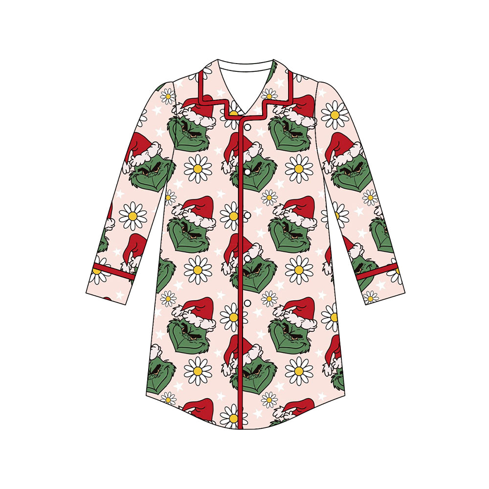 Adult women Christmas green face flowers button t-shirt dress night gown preorder