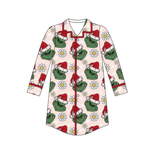 Adult women Christmas green face flowers button t-shirt dress night gown preorder