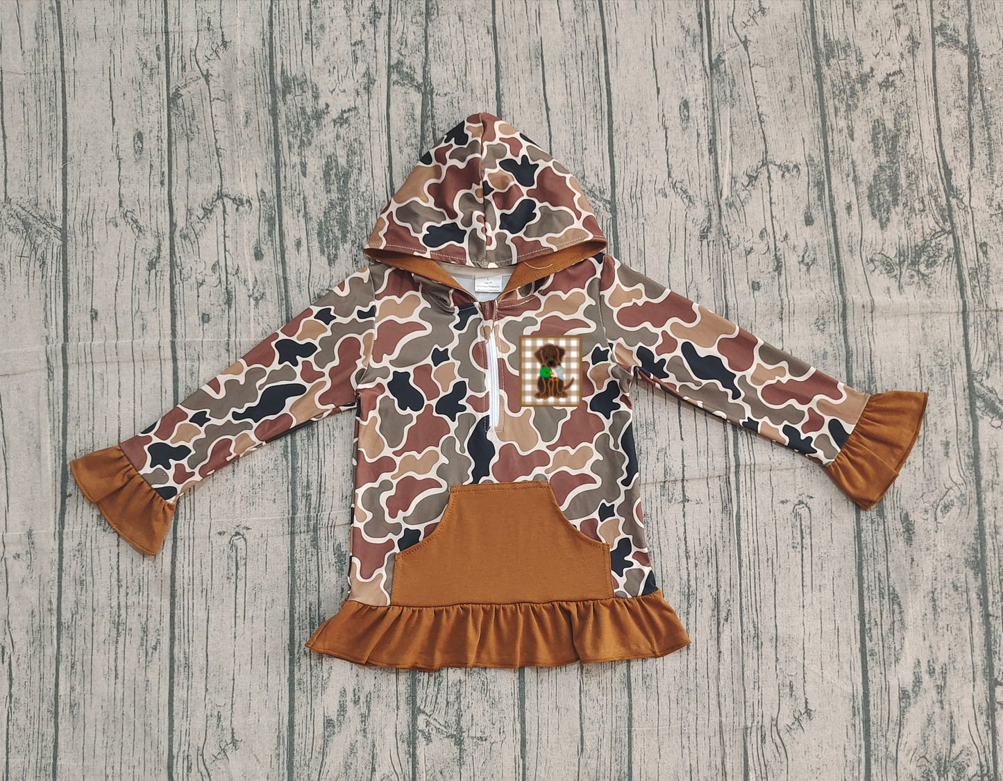 Baby girls embroidery brown camo dog duck design long sleeve hoodie top preorder