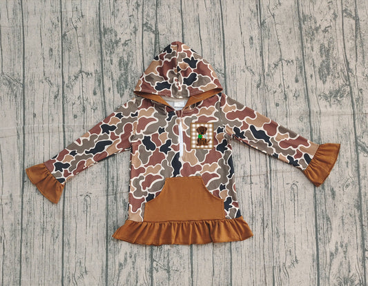 Baby girls embroidery brown camo dog duck design long sleeve hoodie top preorder