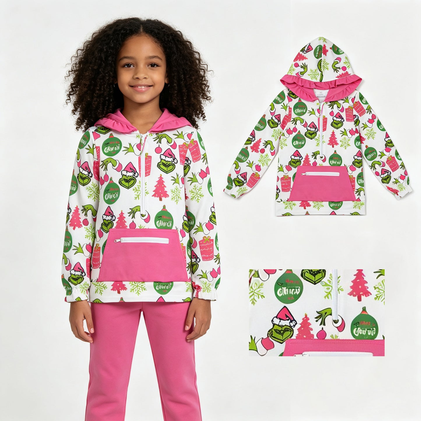 Kids long sleeve Christmas green face hoodie top t-shirt