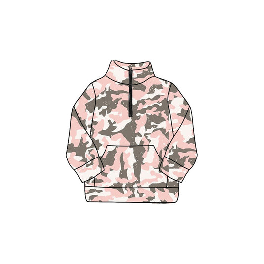 Baby girl grey pink camo long sleeve yoga zip pullover top preorder