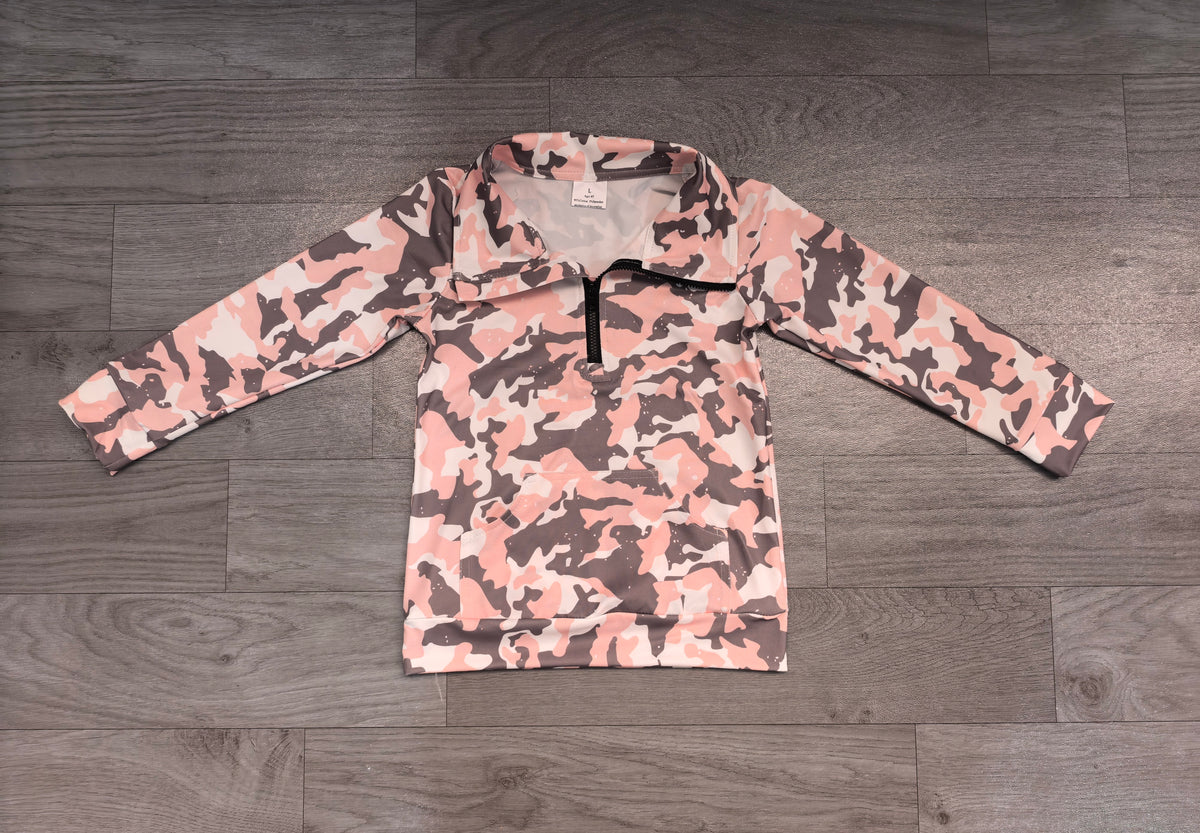 Baby girl grey pink camo long sleeve yoga zip pullover top preorder