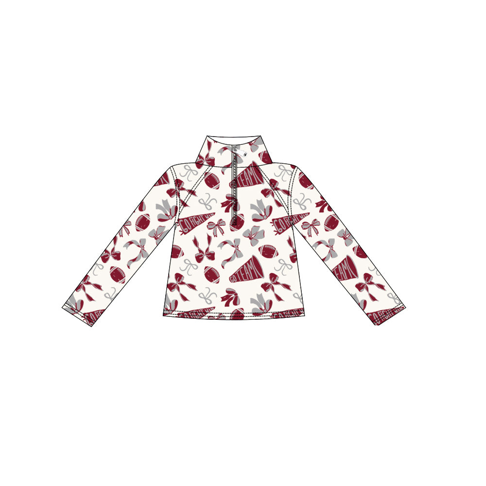 Wine red football cheer design girls long sleeve yoga zip shirt preorder