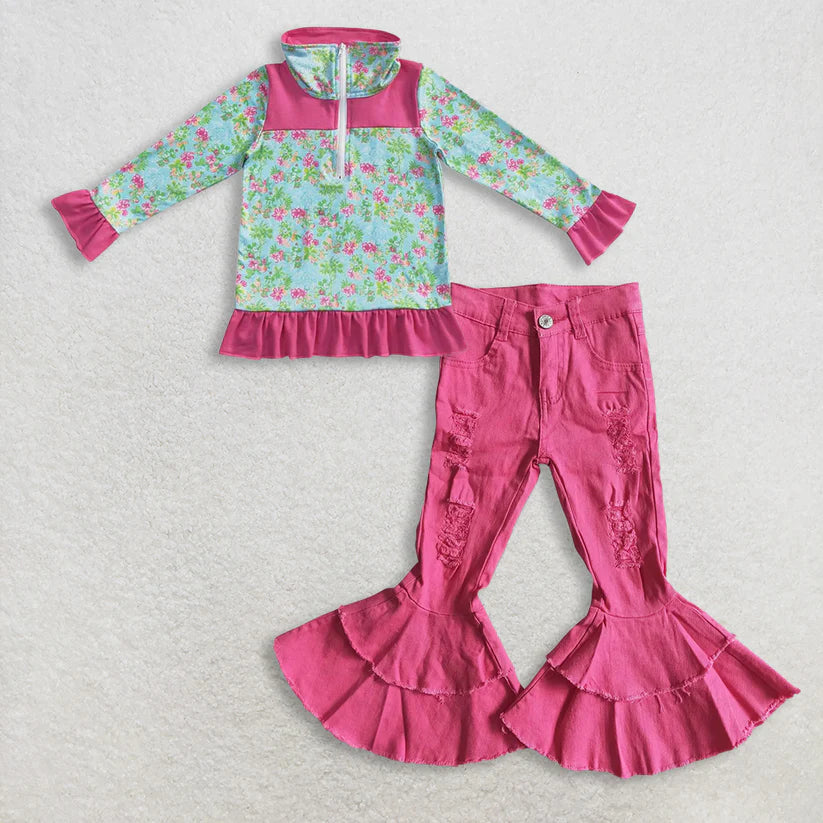 Long sleeve floral top hot pink denim bell bottoms clothes set