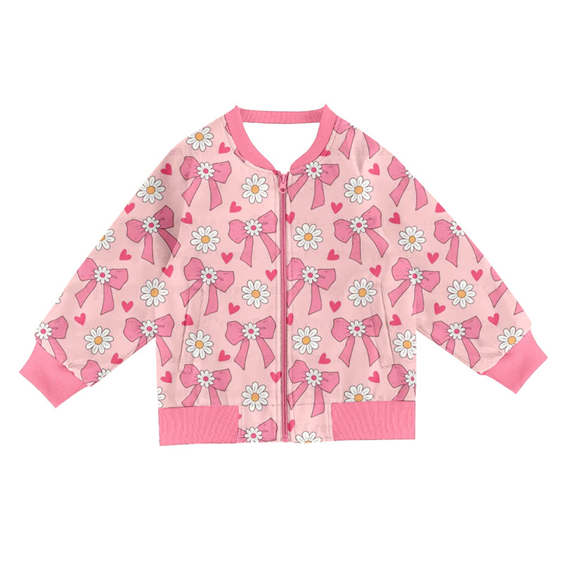 Pink bow flowers girls long sleeve zip up top preorder