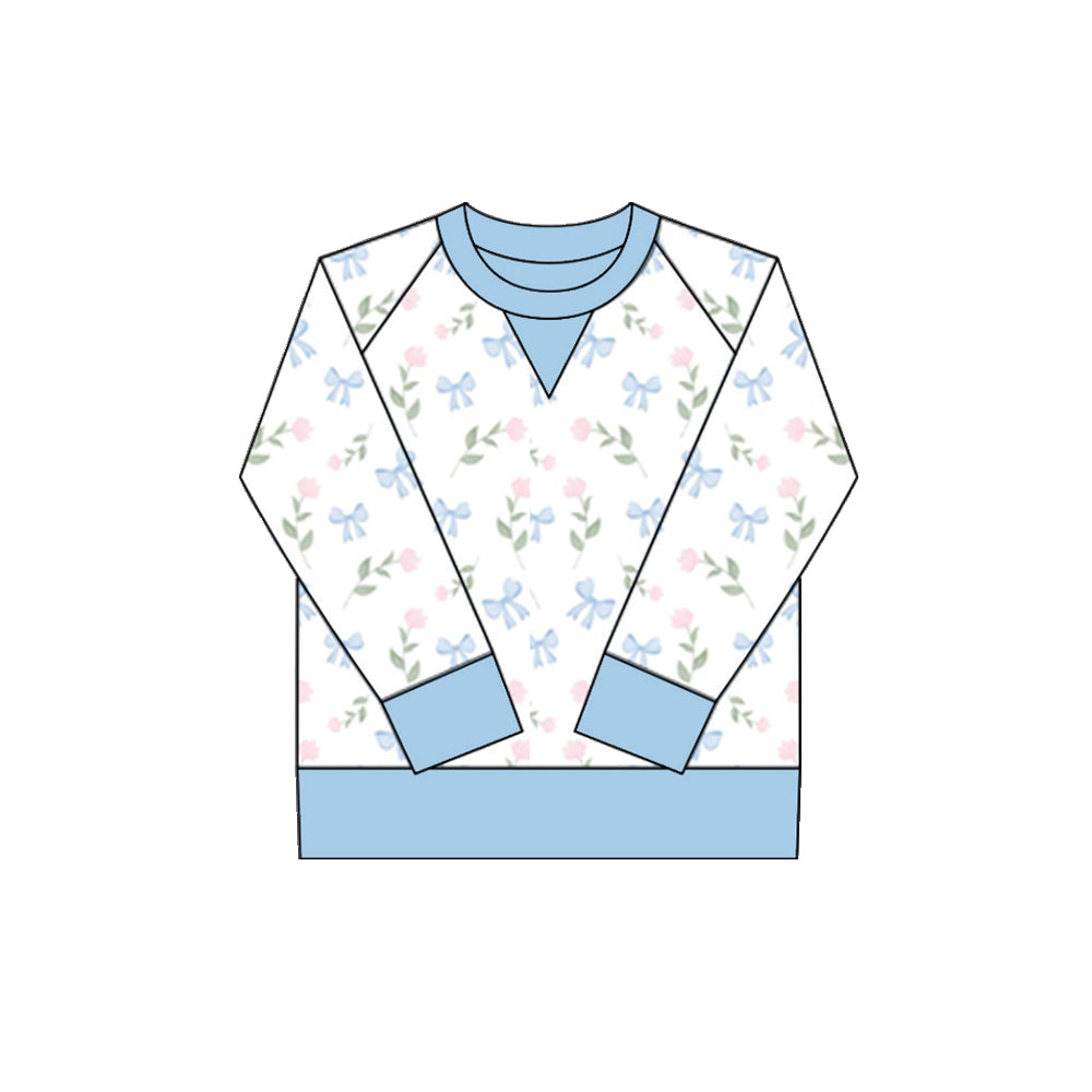 Blue bow pink flowers design kids girls long sleeve yoga t-shirt top preorder