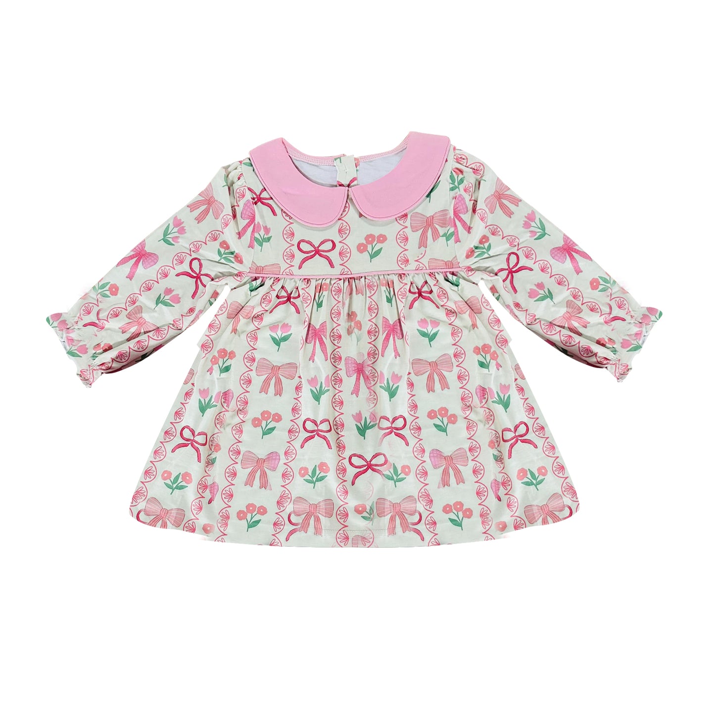 Pink bow floral girls long sleeve dress preorder