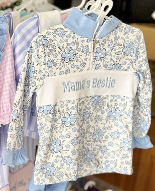 Mamas bestie blue floral kids pullover top preorder