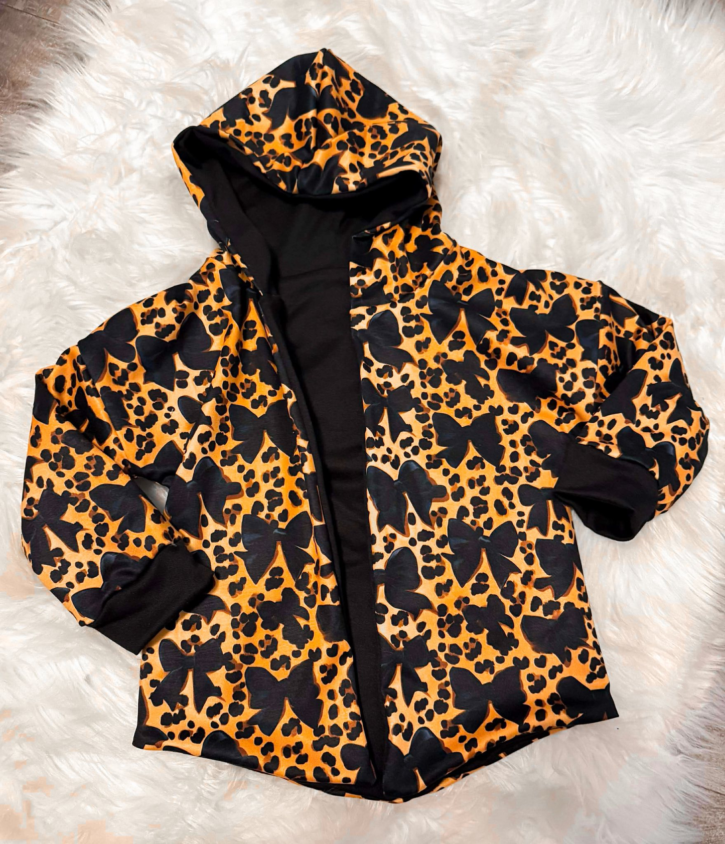 Black bow print girls long sleeve zip top preorder