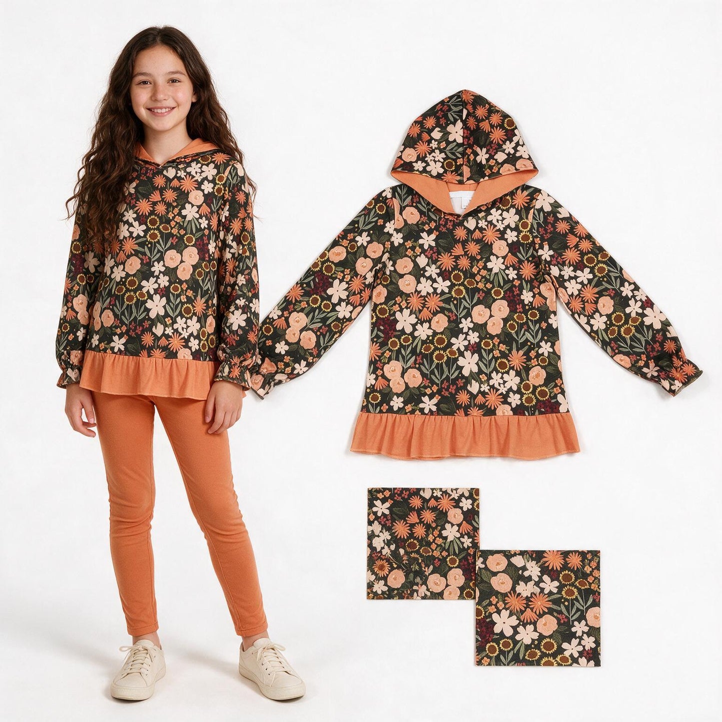 Orange flowers print girls long sleeve hoodie top