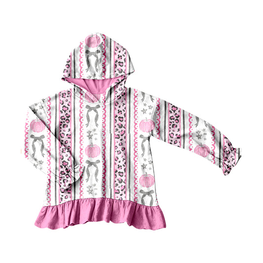 Pink pumpkin black bow print girls long sleeve hoodie top preorder