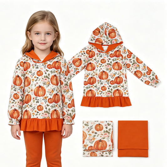 Fall pumpkin black bow print girls long sleeve hoodie top