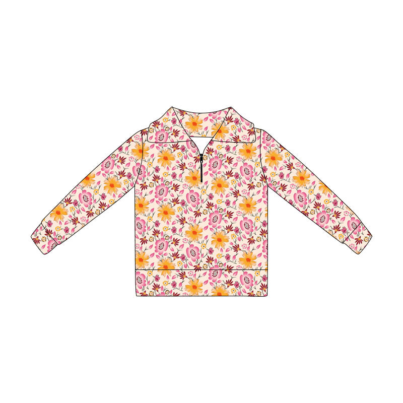 Pink orange flowers print kids girl long sleeve pullover top preorder