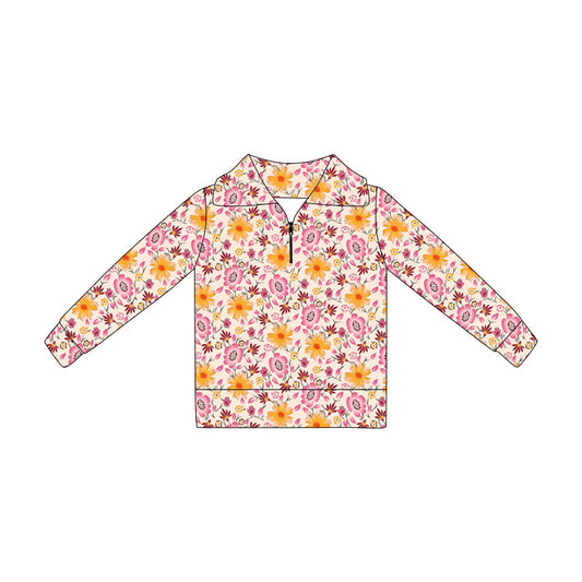Pink orange flowers print kids girl long sleeve pullover top preorder