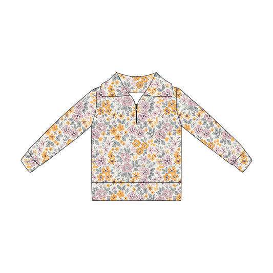 Pink flowers print kids girl long sleeve pullover top preorder