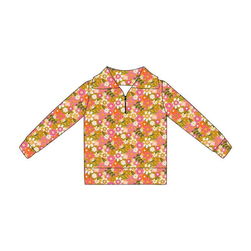 Pink flowers print kids girl long sleeve pullover top preorder
