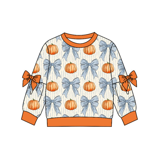 Fall pumpkin blue bow kids girl long sleeve top preorder