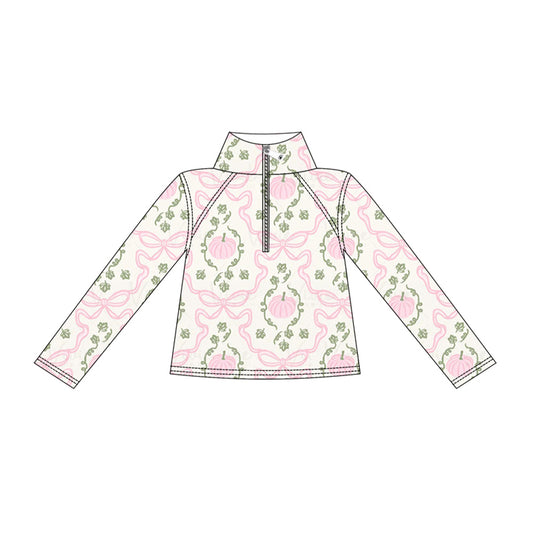 Pink pumpkin bow print kids girl long sleeve yoga pullover top preorder