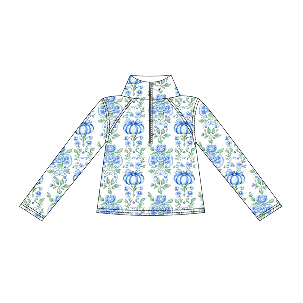 Blue pumpkin print kids girl long sleeve yoga pullover top preorder