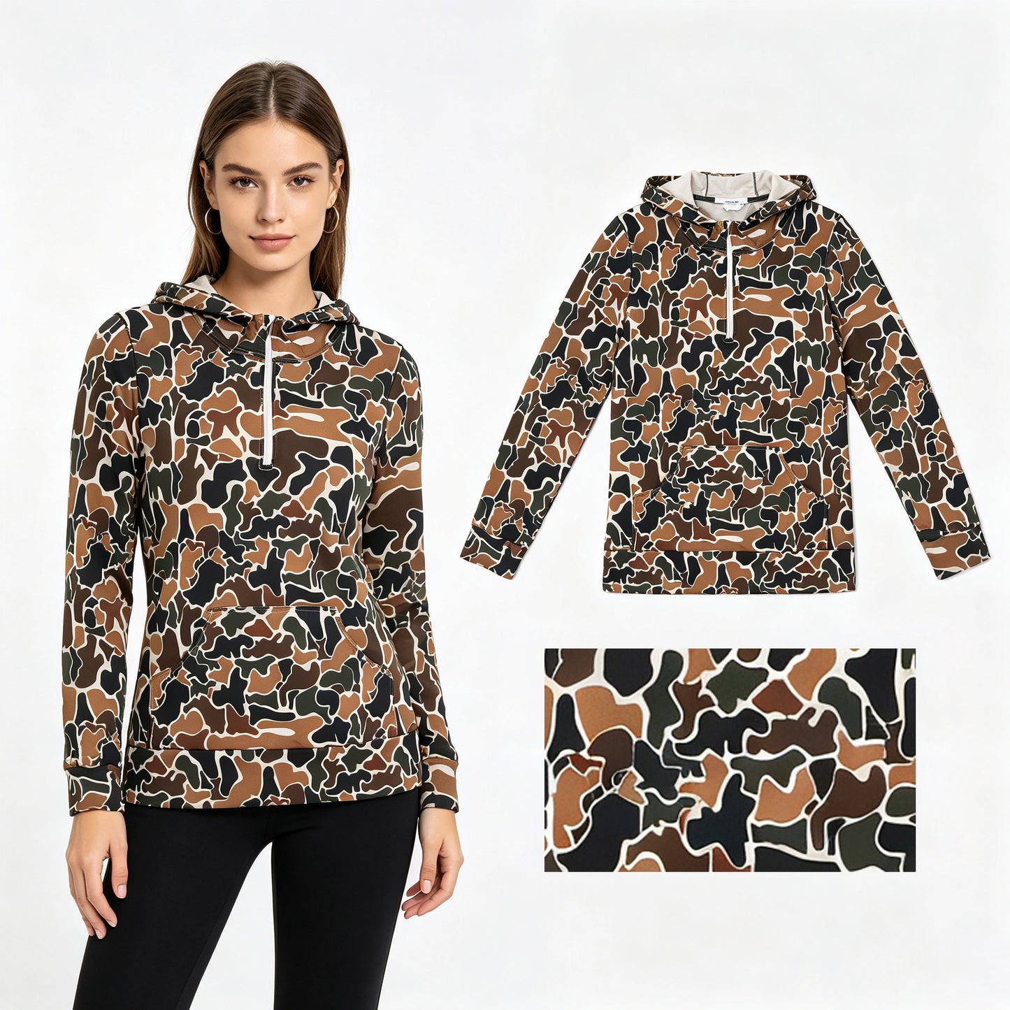 Adult women dark green camo long sleeve hoodie top