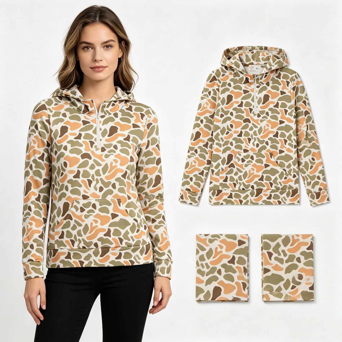 Adult women green orange camo long sleeve hoodie top