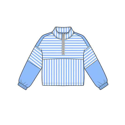 Blue stripes kids girls long sleeve zip pullover yoga top preorder